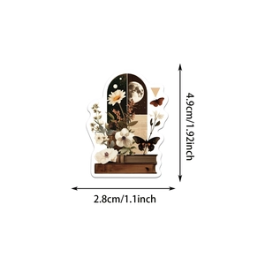Detailed size measurement of vintage floral and butterfly art stickers with dimensions