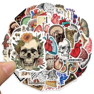 50 vintage human anatomy waterproof PVC stickers featuring floral skull and organs