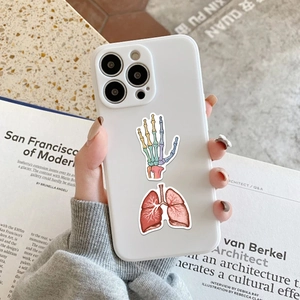 Artistic human anatomy phone case featuring skeletal hand and lung medical illustrations