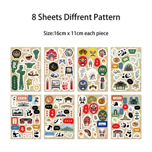 Detail view of 8 sheets of Sichuan stickers featuring pandas and opera face masks