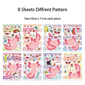 8 sheets of cute pink axolotl make-a-face stickers for kids DIY puzzle and decoration