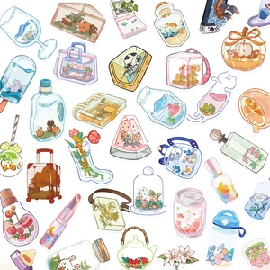 Set of 50 transparent PET stickers with cute animals and seasonal micro-landscapes