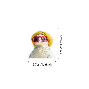 Waterproof vinyl sticker showing dimensions of a white pigeon in red sunglasses