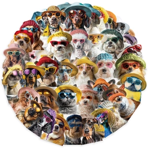 Pack of 50 funny pet stickers featuring cats and dogs wearing colorful sunglasses and hats
