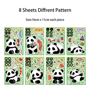 Detailed macro view of 8 sheets of cute cartoon panda DIY stickers for kids scrapbooking