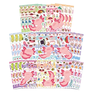 Set of 8 cute pink axolotl DIY make-a-face stickers with various funny accessories