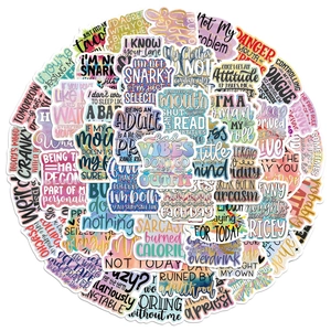Close-up of assorted sarcastic quote stickers in vibrant macaron and rainbow gradient colors