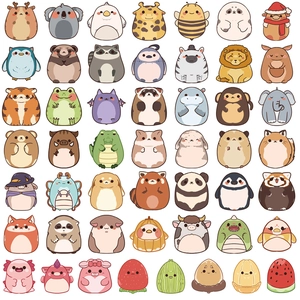 Detailed grid of 49 cute animal stickers including koala and panda for kids notebooks