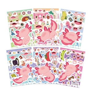 Detailed sheet of pink axolotl make-a-face stickers with DIY facial expressions and accessories