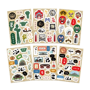 Detail view of 6-sheet Sichuan sticker set featuring pandas, opera masks and hotpot