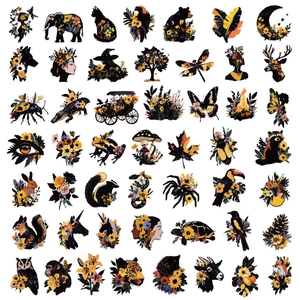 Set of 50 PET waterproof stickers featuring black animal and floral motifs for DIY journals
