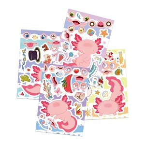 DIY Axolotl puzzle stickers showing various facial expressions and colorful accessories