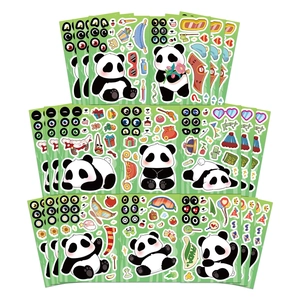 Detailed stack of cute cartoon panda DIY stickers with various expressions and bamboo decor