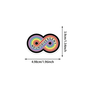 Detailed dimension view of rainbow Neurodivergent infinity sticker for DIY journaling