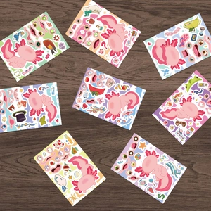 Close-up of 8 sheets DIY axolotl stickers with various facial expressions and cute accessories