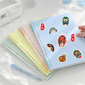 Traditional Sichuan Opera stickers set with face masks and pandas on blue notebook