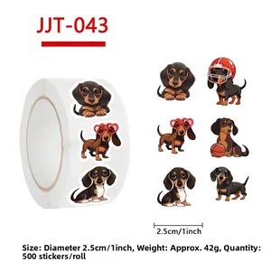 Close-up of 500 dachshund cartoon stickers on a roll with 1 inch diameter size details