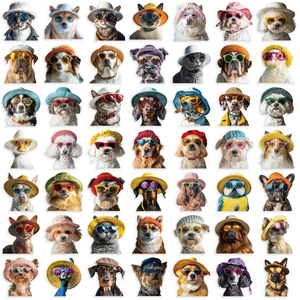 Matrix of 49 unique funny pet stickers featuring cats and dogs with sunglasses