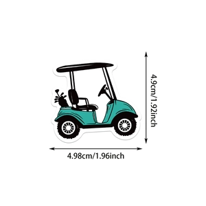 Detail view of a waterproof golf cart sticker with size markers 4.9cm by 4.98cm