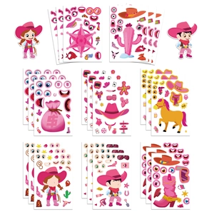 Detailed spread of 8 pink western cowboy DIY stickers with cactus and sheriff star motifs