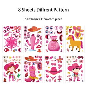 Detail view of 8-piece pink western cowboy DIY make-a-face sticker sheets with 16x11cm size