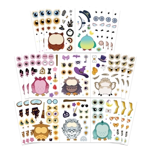 Macro detail of DIY owl sticker sheets with various eyes, hats and Halloween accessories