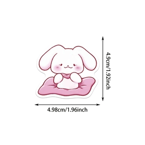 Detail showing cartoon pink bunny sticker with precise height and width dimensions