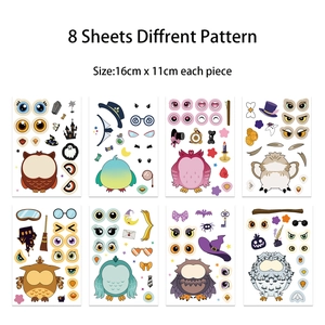 Detail view of 8 owl themed make-a-face sticker sheets with Halloween accessory patterns