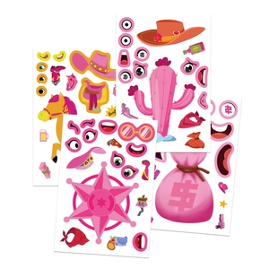 Pink cartoon cowboy stickers set with cactus and horse icons for DIY decoration