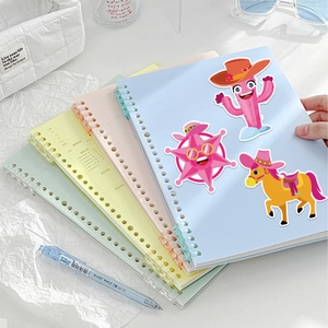 Cartoon pink cowboy stickers on colorful planners with stars and cactus designs