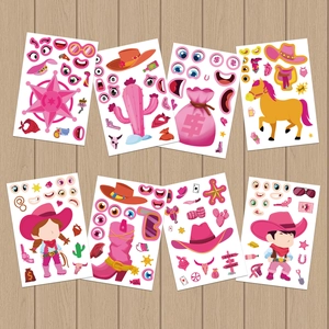 Flat lay of 8 pink cowboy DIY stickers for kids featuring face-swapping accessories