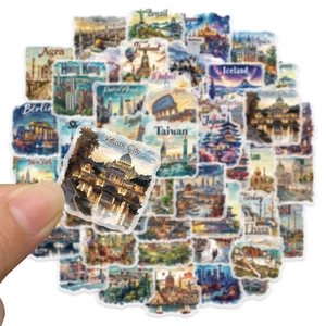 Set van 50 waterdichte PET-stickers met vintage wereldmonumenten en reisbestemmingen