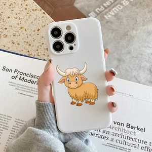 Custodia iPhone bianca con mucca scozzese cartone animato su riviste d'arte moderne