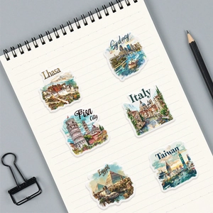 Waterdichte wereldmonumenten PET stickers voor journals met kleurrijke architectuur iconen