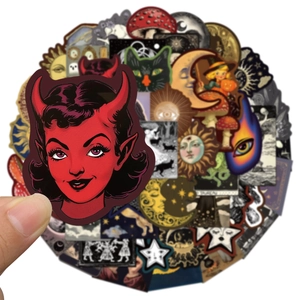 50pcs Celestial Occult Creepy Stickers set with red demon girl and mystic moon motifs