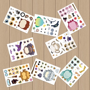 7 sheets of DIY owl face stickers with fun Halloween elements and various accessories