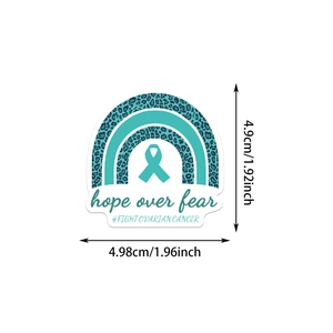Teal ribbon ovarian cancer awareness sticker showing dimensions of 4.9cm by 4.98cm
