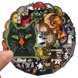 50pcs gothic occult celestial stickers set with mystical moon and cat designs