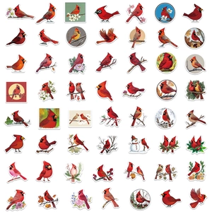 Set of 56 Northern Cardinal bird stickers in various artistic styles for DIY decoration