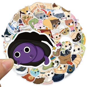 Cute cartoon cat stickers for laptops and guitars featuring a purple wizard cat design