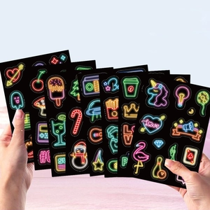 Neon cartoon stickers pack with heart and unicorn icons for laptop and DIY decor