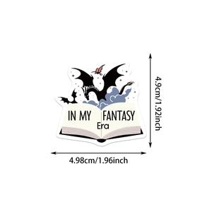 Detail of fantasy bookish sticker showing dragon silhouette and fantasy era text with size dimensions