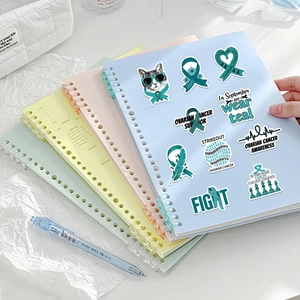 50pcs Teal Ovarian Cancer Awareness stickers on a spiral notebook for decoration