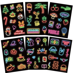 Detailed spread of six neon cartoon stickers for DIY laptop and water bottle decoration