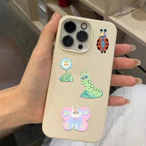 Handheld view of a cream phone case decorated with cute 3D cartoon insect stickers