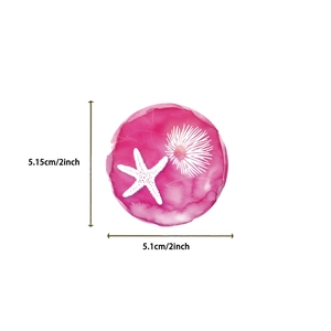 Detailed dimension view of circular pink watercolor sticker with starfish, 2 inch diameter