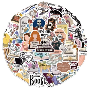 Detailed spread of various bookish and mystical themed stickers on a clean white background