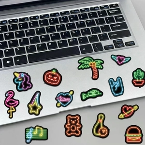 Neon style waterproof stickers for laptop featuring unicorn and flamingo patterns