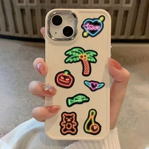 Neon style stickers on cream silicone phone case featuring heart and palm tree patterns