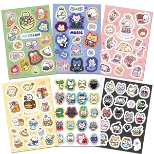 Close-up of 6 sheets showing cute cartoon cat and animal PVC waterproof stickers set